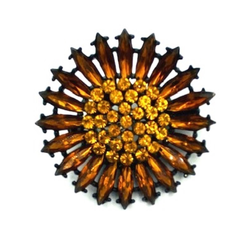 Vintage Brown Yellow Gem Flower Brooch Pin